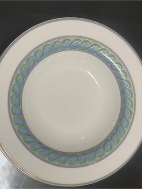 Christofle 8 Porcelain Dinner Soup Bowls- Blue-Green Celtic Band /Gold Trim